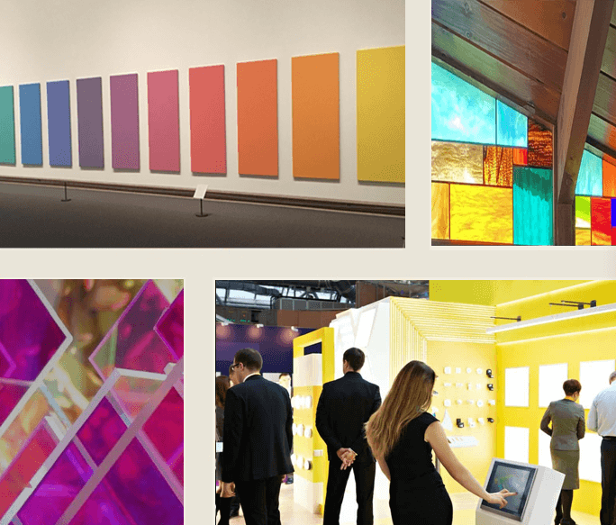 A collection of colorful acrylic sheets and panels, including a modern art display, stained glass-style installation, transparent pink acrylic pieces, and an exhibition with people exploring illuminated plastic displays.