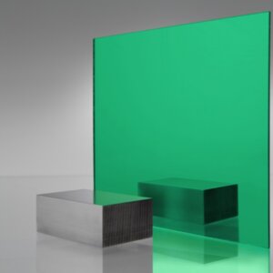 Emerald green tinted transparent acrylic sheet with metallic finish, showing vibrant color and reflection