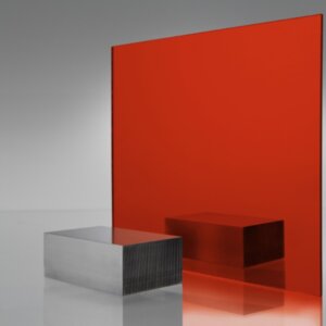 Bright red mirror acrylic sheet with reflective surface, showing intense red-tinted mirror finish