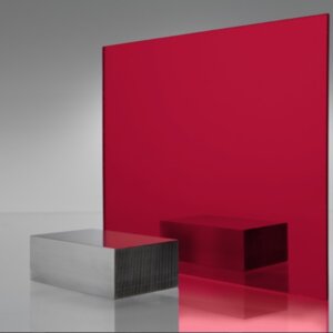 Crimson/burgundy tinted transparent acrylic sheet with metallic finish, featuring deep red tone and reflection