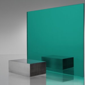 Teal/turquoise tinted transparent acrylic sheet with metallic finish, featuring vibrant blue-green color and shadow effect
