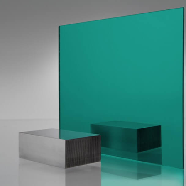 Teal/turquoise tinted transparent acrylic sheet with metallic finish, featuring vibrant blue-green color and shadow effect